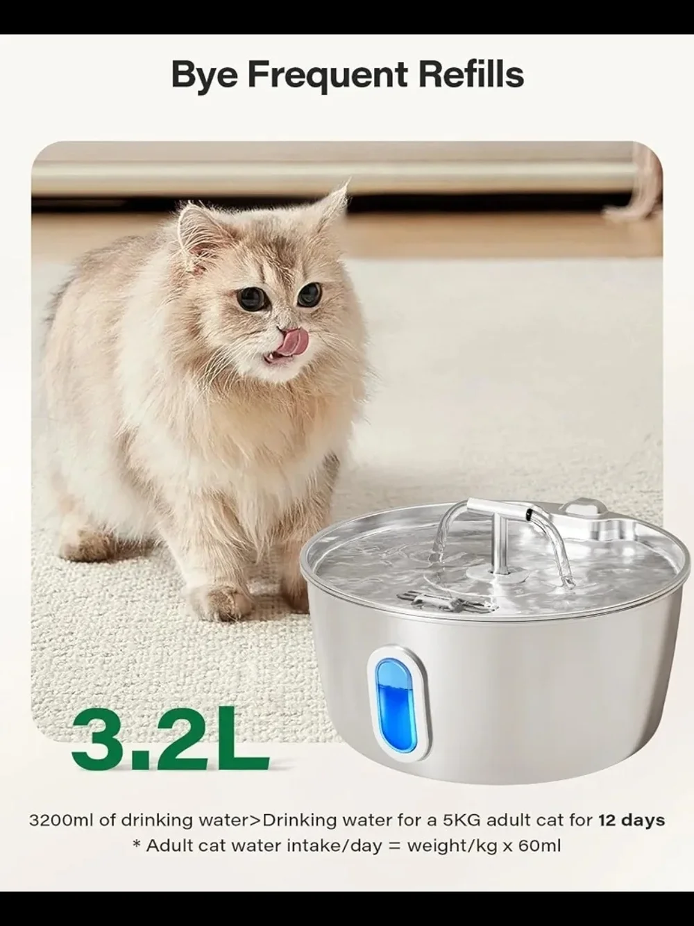 DIANU Stainless Steel Automatic Cat Water Fountain - 3.2L/108oz Pet Fountain